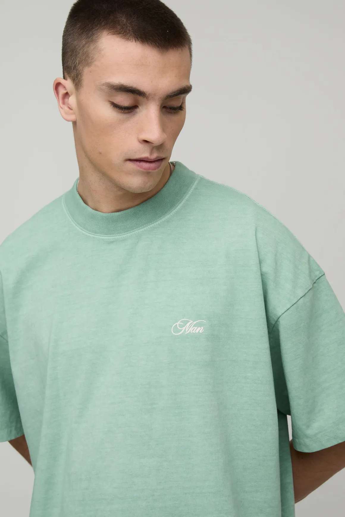 T-Shirt Col Étendu Oversize Poids Lourd Imprimé Palmier Sauge Délavé