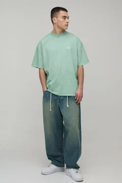 T-Shirt Col Étendu Oversize Poids Lourd Imprimé Palmier Sauge Délavé