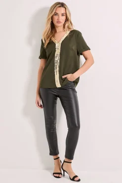 T-Shirt à Col V Manches Courtes avec Sequins