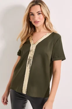 T-Shirt à Col V Manches Courtes avec Sequins