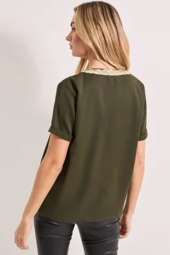 T-Shirt à Col V Manches Courtes avec Sequins