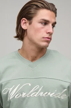 T-shirt Col V Surdimensionné En Coton Épais Avec Broderie Worldwide