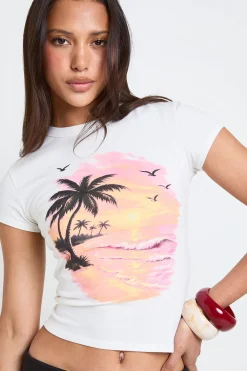 T-shirt Court Imprimé Coucher De Soleil Tropical