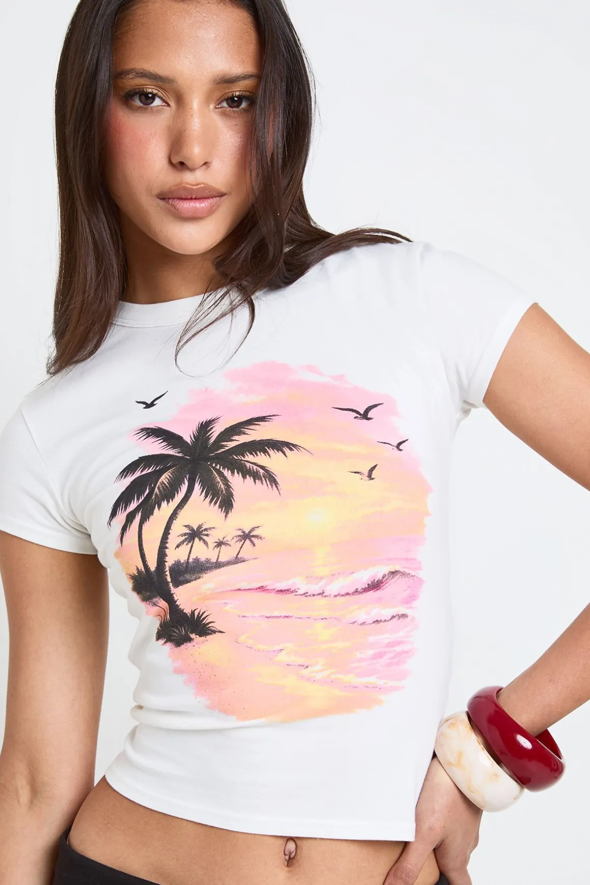 T-shirt Court Imprimé Coucher De Soleil Tropical