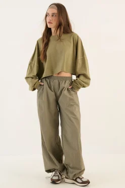 T-shirt Crop Manches Longues Oversize En Tissu Épais Lavé Dsgn Studio