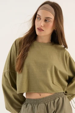T-shirt Crop Manches Longues Oversize En Tissu Épais Lavé Dsgn Studio