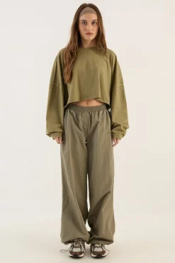 T-shirt Crop Manches Longues Oversize En Tissu Épais Lavé Dsgn Studio