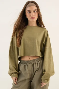T-shirt Crop Manches Longues Oversize En Tissu Épais Lavé Dsgn Studio