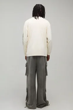 T-shirt Écru Délavé À Manches Longues Coupe Oversize Imprimé Gribouillage Gothique