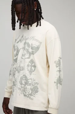 T-shirt Écru Délavé À Manches Longues Coupe Oversize Imprimé Gribouillage Gothique
