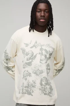 T-shirt Écru Délavé À Manches Longues Coupe Oversize Imprimé Gribouillage Gothique