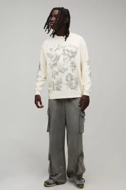 T-shirt Écru Délavé À Manches Longues Coupe Oversize Imprimé Gribouillage Gothique