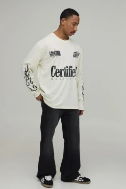 boohooMAN T-shirt Écru À Manches Longues Coupe Oversize Avec Imprimé Moto Certifié<Homme T-Shirts Impriméstendances|T-Shirts