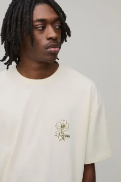T-shirt Écru Oversize Ample À Col Allongé Avec Broderie Florale
