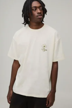 T-shirt Écru Oversize Ample À Col Allongé Avec Broderie Florale