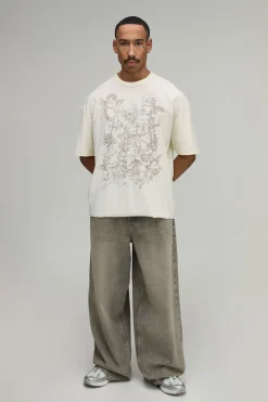 boohooMAN T-shirt Écru Oversize Ample À Coutures Apparentes Avec Imprimé Graffiti Gothique Tall<Homme Tout Afficher|Tout Afficher