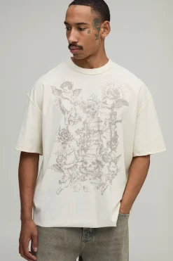boohooMAN T-shirt Écru Oversize Ample À Coutures Apparentes Avec Imprimé Graffiti Gothique Tall<Homme Tout Afficher|Tout Afficher