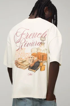 T-shirt Écru Oversize Ample À Imprimé Côte D'Azur