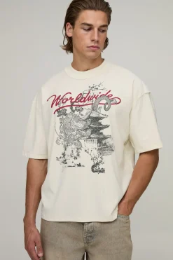 T-shirt Écru Oversize Ample À Imprimé Worldwide Avec Coutures Apparentes