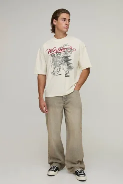 T-shirt Écru Oversize Ample À Imprimé Worldwide Avec Coutures Apparentes