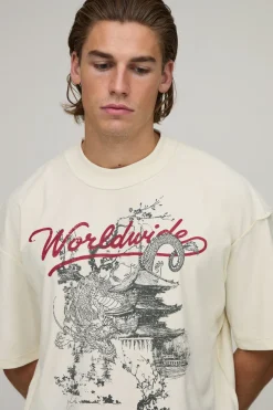T-shirt Écru Oversize Ample À Imprimé Worldwide Avec Coutures Apparentes