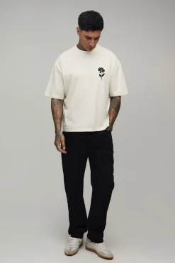 T-shirt Écru Oversize Ample Tall À Col Prolongé Et Imprimé Fleuri