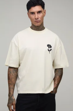 T-shirt Écru Oversize Ample Tall À Col Prolongé Et Imprimé Fleuri