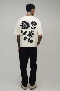 T-shirt Écru Oversize Ample Tall À Col Prolongé Et Imprimé Fleuri