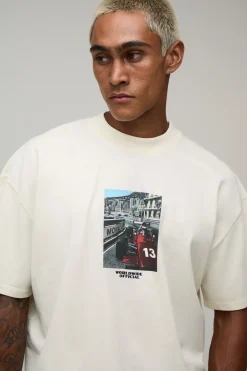 T-shirt Écru Oversize Boxy Avec Imprimé Photographique De Voiture Sur La Poitrine