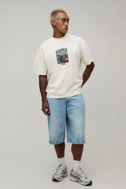 T-shirt Écru Oversize Boxy Avec Imprimé Photographique De Voiture Sur La Poitrine