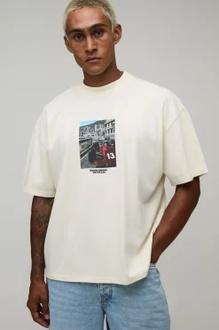 T-shirt Écru Oversize Boxy Avec Imprimé Photographique De Voiture Sur La Poitrine