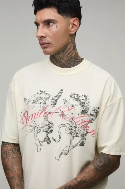 T-shirt Écru Oversize Boxy Col Prolongé Coutures Apparentes Motif Chérubin Coupe Tall