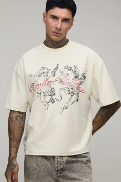 T-shirt Écru Oversize Boxy Col Prolongé Coutures Apparentes Motif Chérubin Coupe Tall
