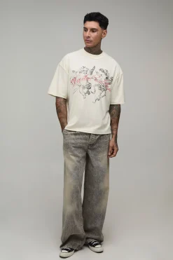 T-shirt Écru Oversize Boxy Col Prolongé Coutures Apparentes Motif Chérubin Coupe Tall