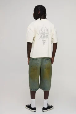 T-shirt Écru Oversize Boxy À Col Étendu Avec Motif Grunge Au Pochoir