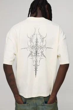 T-shirt Écru Oversize Boxy À Col Étendu Avec Motif Grunge Au Pochoir