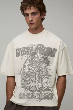 boohooMAN T-shirt Écru Oversize Boxy À Coutures Apparentes Et Imprimé Reaper Worldwide<Homme T-Shirts Impriméstendances|T-Shirts