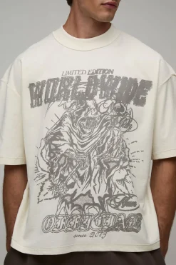 boohooMAN T-shirt Écru Oversize Boxy À Coutures Apparentes Et Imprimé Reaper Worldwide<Homme T-Shirts Impriméstendances|T-Shirts