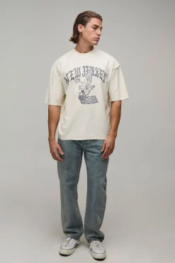 T-shirt Écru Oversize Boxy À Coutures Apparentes Imprimé New Jersey