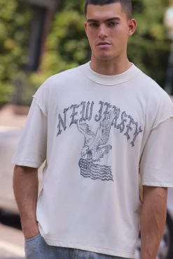 T-shirt Écru Oversize Boxy À Coutures Apparentes Imprimé New Jersey