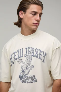 T-shirt Écru Oversize Boxy À Coutures Apparentes Imprimé New Jersey