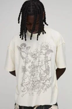 T-shirt Écru Oversize Boxy À Coutures Apparentes Et Imprimé Gothique Griffonné