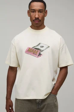 boohooMAN T-shirt Écru Oversize Boxy Homme Imprimé Dollar<Homme T-Shirts Impriméstendances|T-Shirts