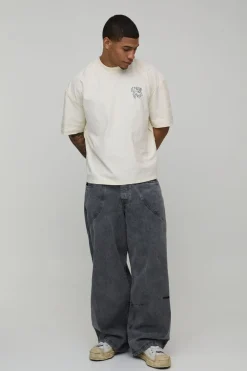 T-Shirt Écru Oversize Boxy Imprimé à Coutures Apparentes
