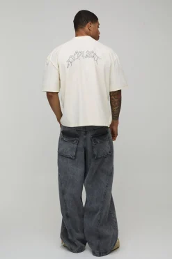 T-Shirt Écru Oversize Boxy Imprimé à Coutures Apparentes