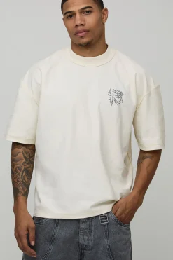 T-Shirt Écru Oversize Boxy Imprimé à Coutures Apparentes