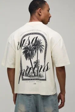 boohooMAN T-shirt Écru Oversize Boxy À Imprimé Casa Palms<Homme T-Shirts Impriméstendances|T-Shirts