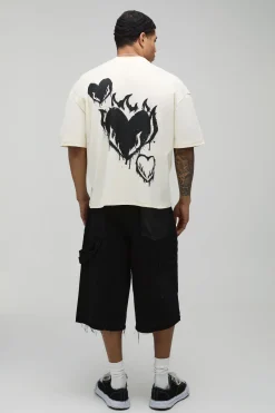 T-shirt Écru Oversize Coupe Boxy Coutures Apparentes Imprimé Graffiti Cœur