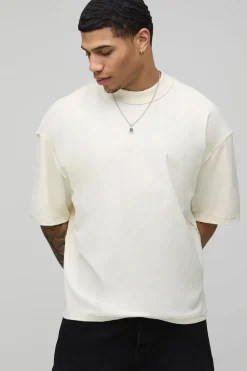T-shirt Écru Oversize Coupe Boxy Coutures Apparentes Imprimé Graffiti Cœur