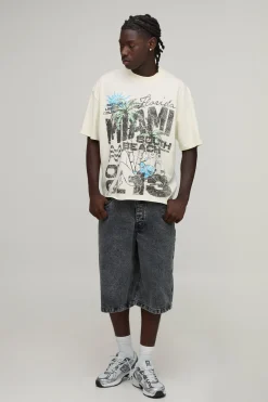 T-shirt Écru Oversize Coupe Boxy Imprimé Miami Ourlet Brut